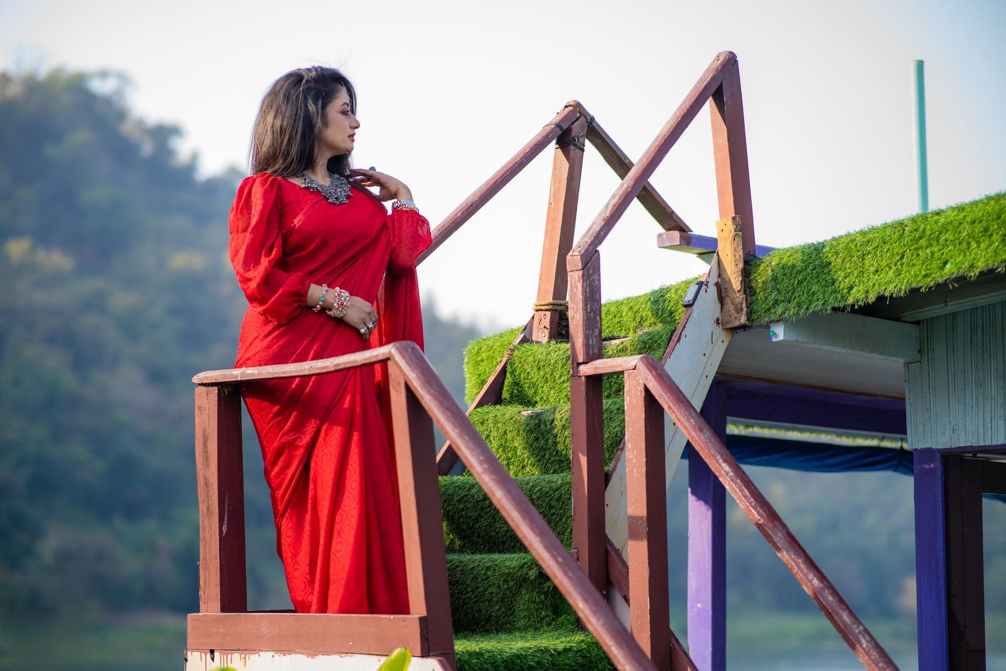 Elegant Pose on the Houseboat Stairs